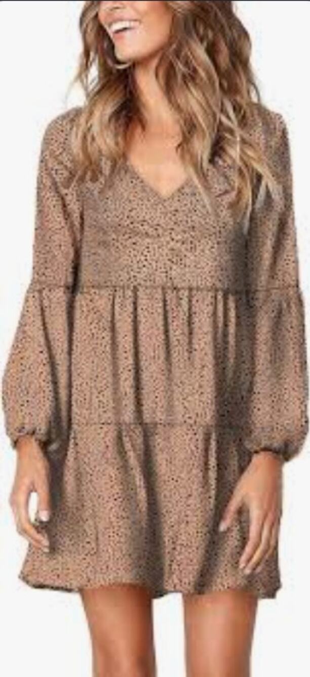 L tiered balloon long sleeve speckled midi dress lightweight tan black flowy